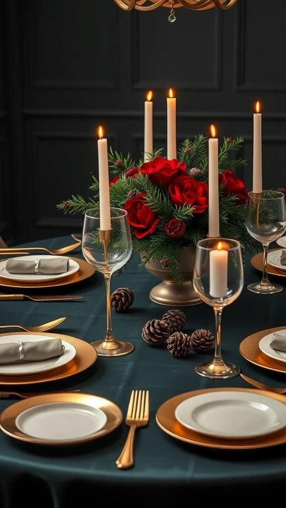 Moody Christmas table setting with dark green tablecloth, gold dinnerware, candles, and deep red flowers.